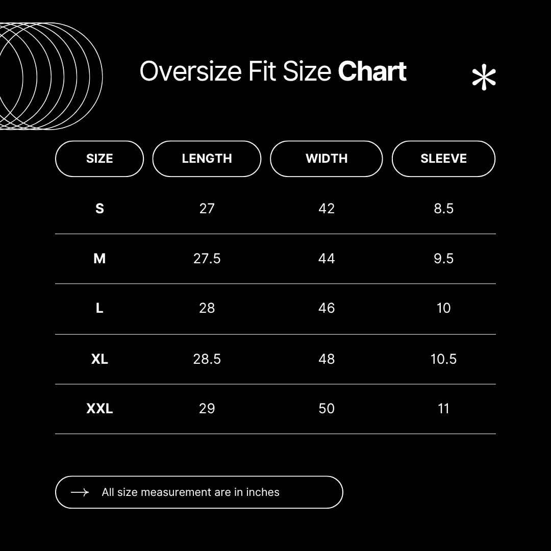 "Dripster Oversized T-Shirt Size Chart – measurements in inches for chest width, length, and shoulder for each size from S to XXL."