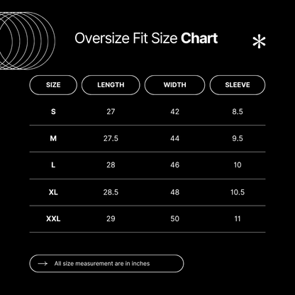 "Dripster Oversized T-Shirt Size Chart – measurements in inches for chest width, length, and shoulder for each size from S to XXL."